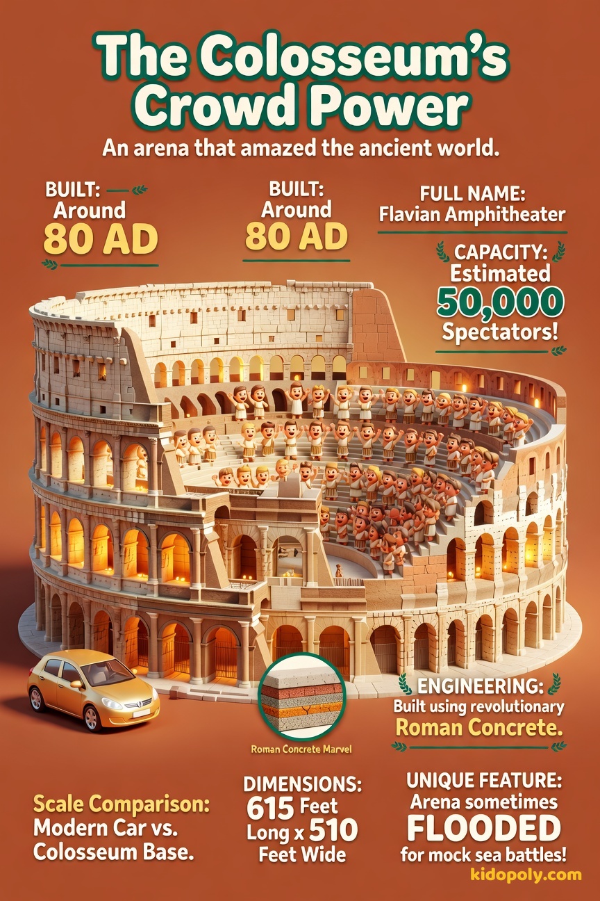 A colorful, friendly illustration of the massive Colosseum structure, with tiny, happy stick-figure people filling the seats to illustrate the 50,000 capacity.