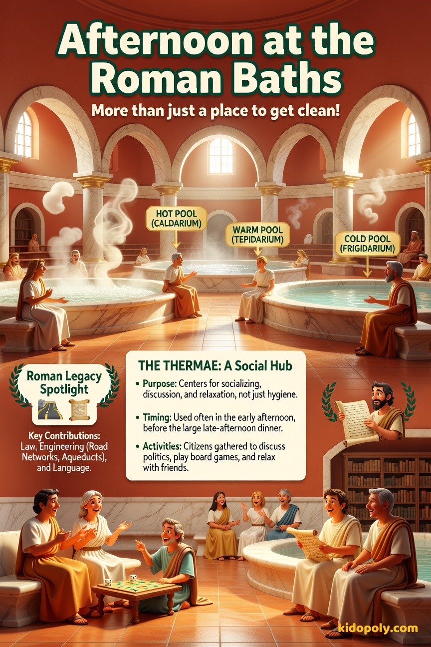 A warm, inviting scene inside a grand Roman bathhouse with visible archways and steam rising gently from a pool, showing diverse, friendly people chatting.