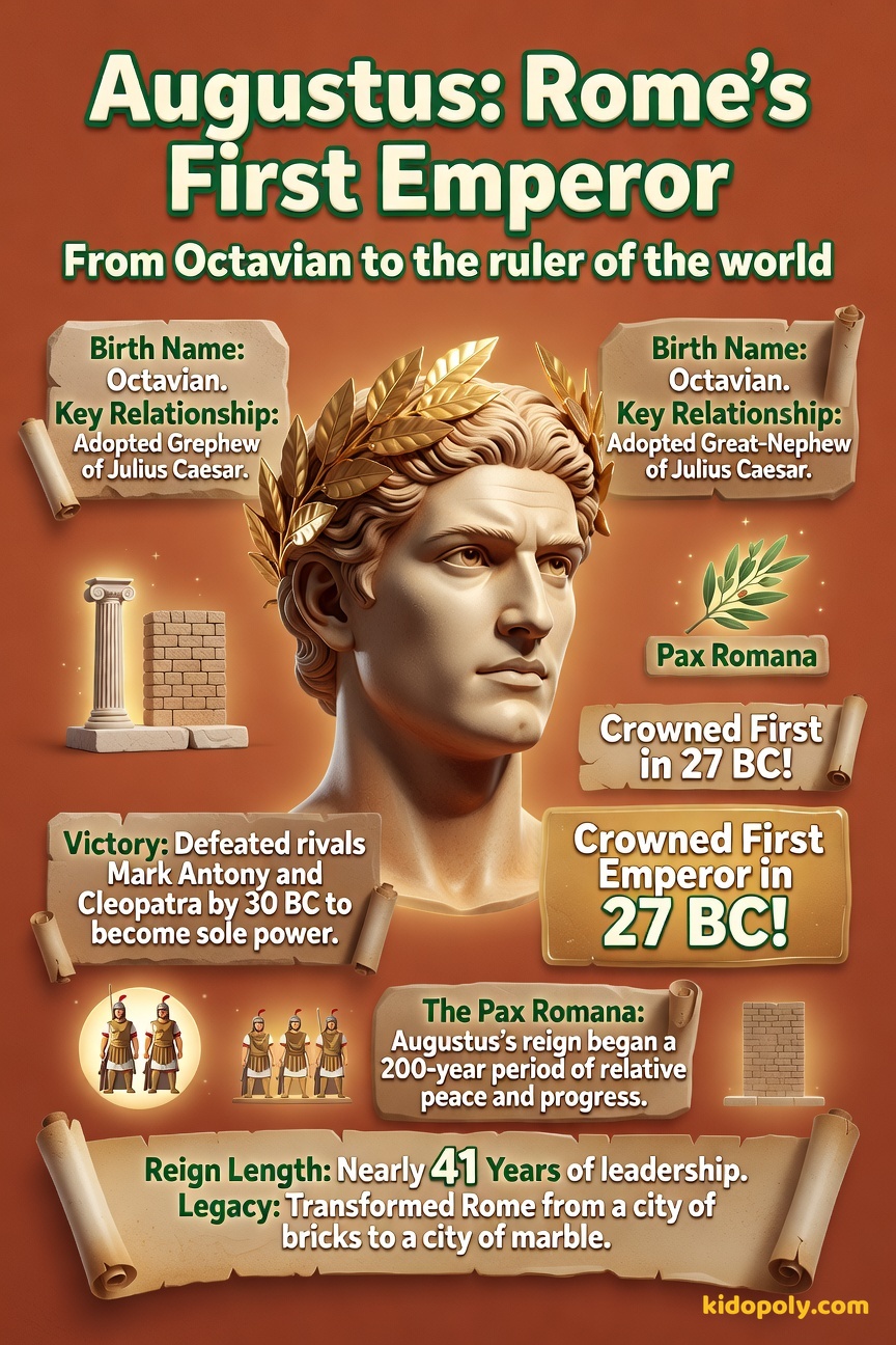 A profile bust portrait of a calm, noble-looking Emperor Augustus, wearing a laurel wreath, with key dates listed beside him.