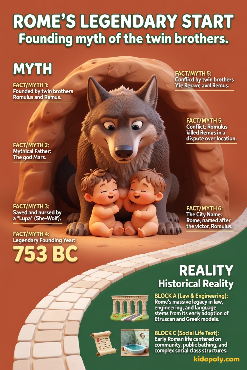 A gentle, artistic depiction of two baby boys being nursed by a kindly, large she-wolf under a stylized ancient Roman tree.