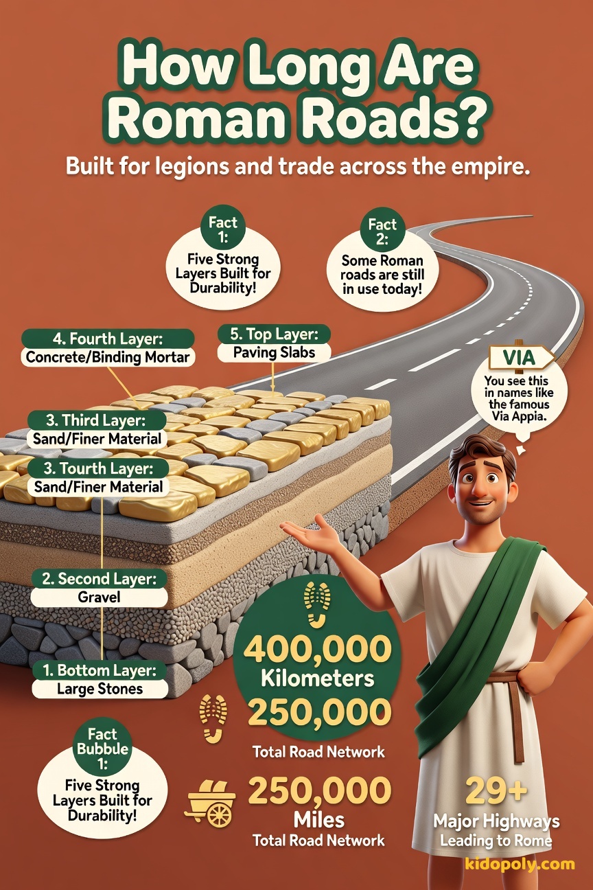 A winding, multi-layered Roman road stretches from the foreground toward a distant, stylized Roman city skyline, shown next to a graphic representing 400,000 km.