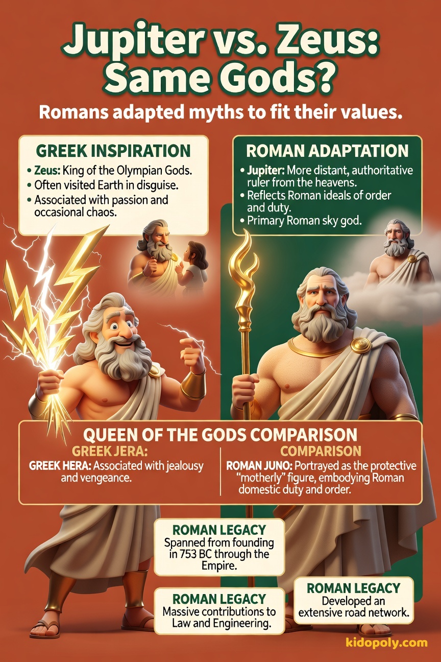 A side-by-side comparison: A whimsical, slightly chaotic-looking Zeus on one side, and a stately, regal Jupiter on the other, with a dividing line labelled 'Roman Ideal'.