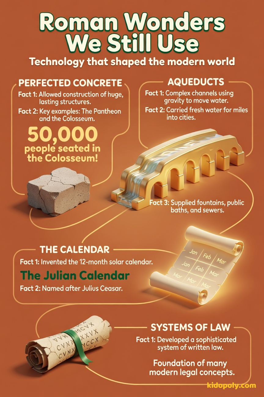 An infographic showing four icons: concrete structure, an aqueduct channel, a calendar page, and a scroll of law, each with a brief label.