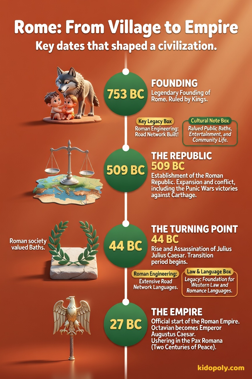 A horizontal timeline showing four key dates: 753 BC (Founding), 509 BC (Republic), 44 BC (Caesar's Death), and 27 BC (Empire Begins).