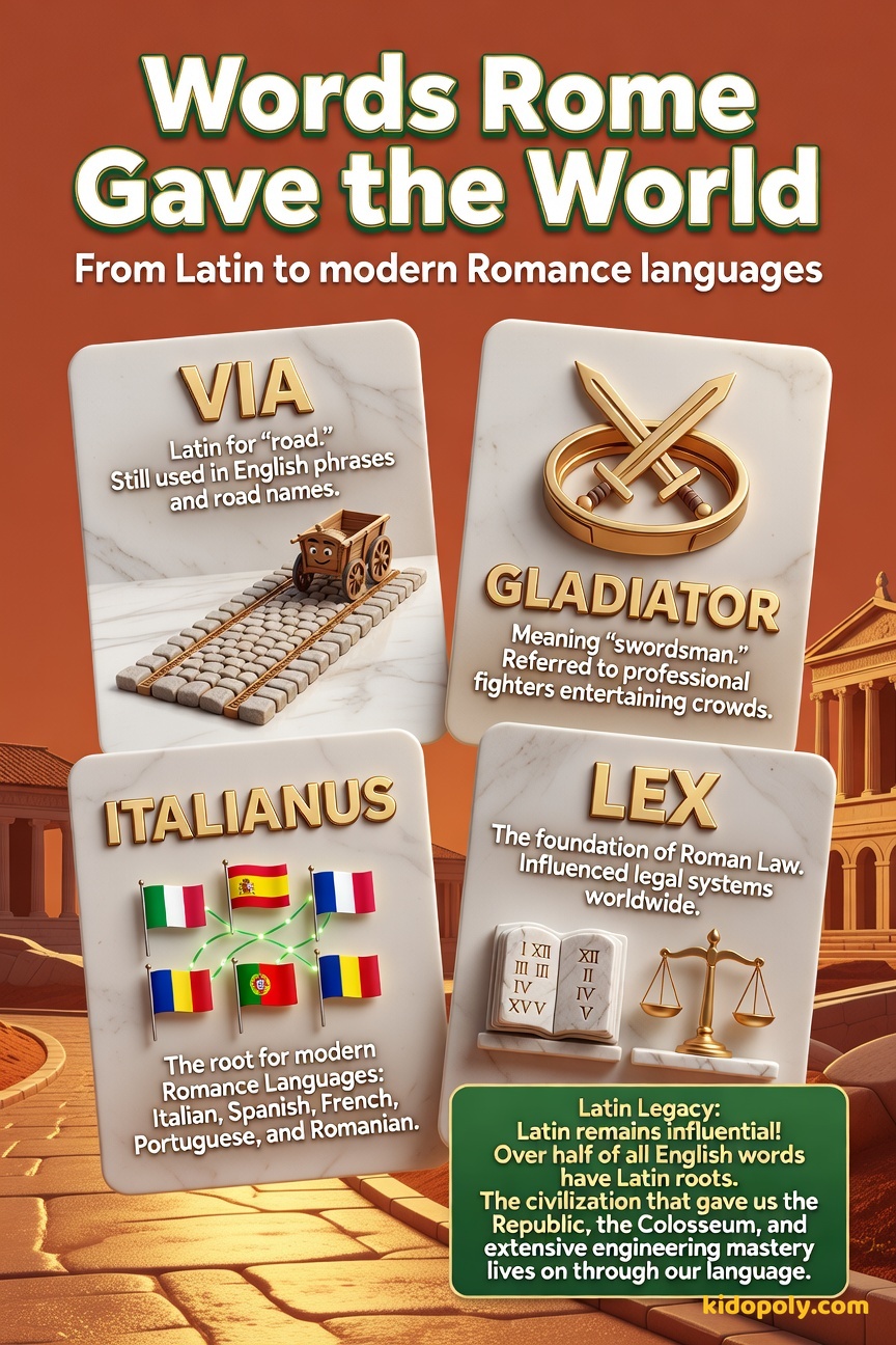 Four floating vocabulary cards on a background: VIA (Road), GLADIATOR (Swordsman), SENATE (Council of Elders), IMPERIUM (Command/Power).