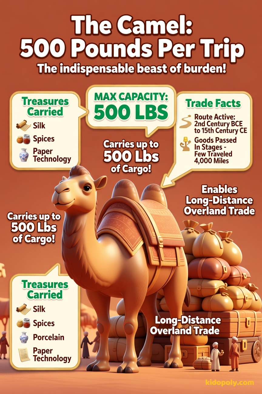 A friendly Bactrian camel standing next to a stack of 500-pound sandbags to illustrate its carrying capacity on the Silk Road.