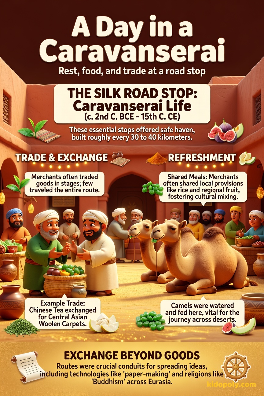 A scene inside a bustling, walled Caravanserai courtyard. Merchants are friendly bartering over spices and textiles near tethered camels.