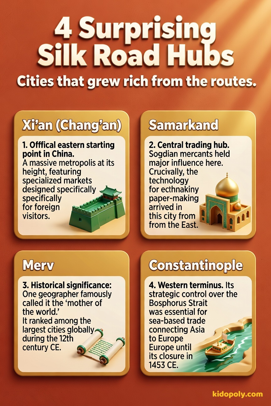 Four fact boxes highlighting key Silk Road cities: Xi'an, Samarkand, Merv, and Constantinople, with a small icon for each.
