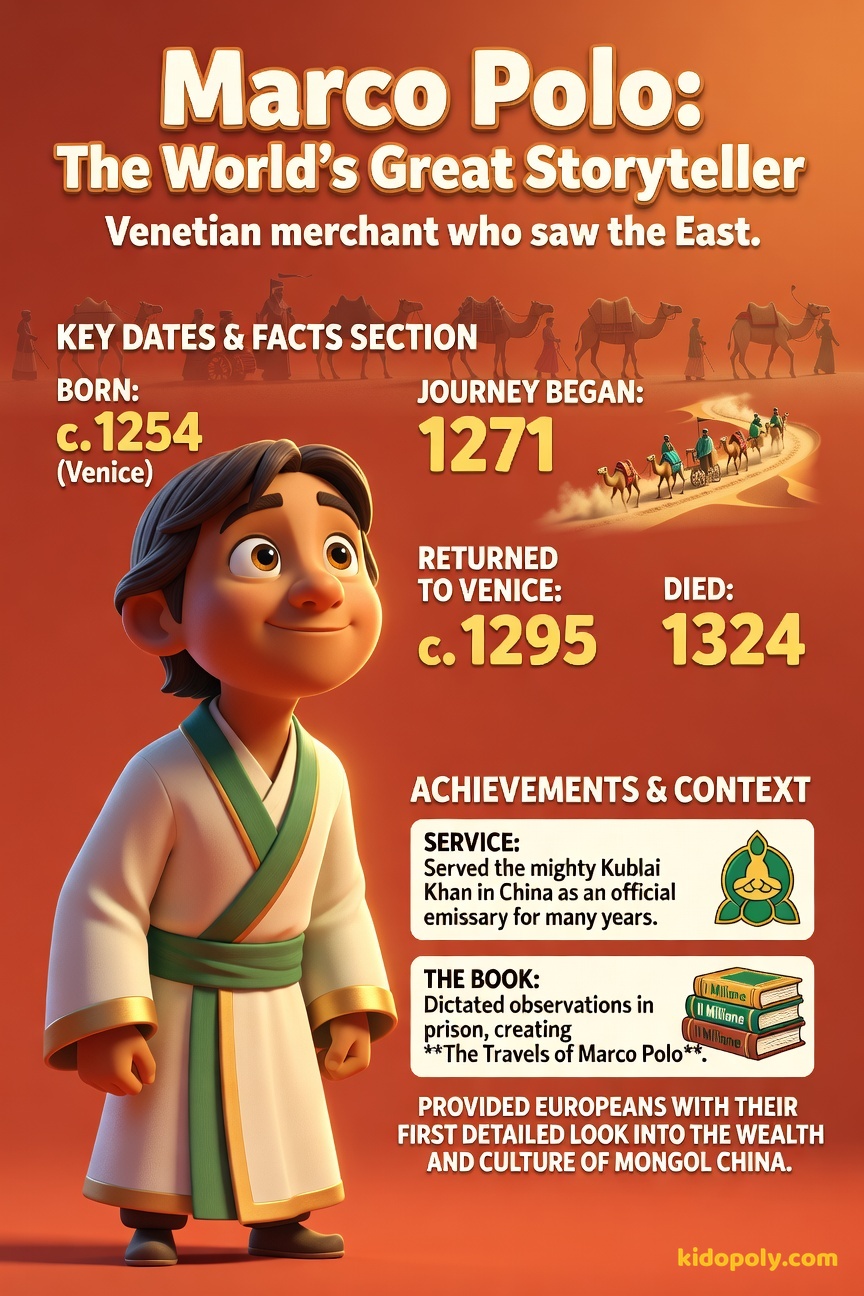 A portrait illustration of a young Marco Polo in Venetian style robes, standing near a camel and pointing towards a distant, stylized map of China.