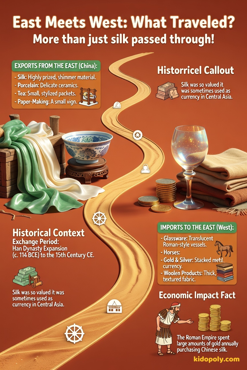 A comparison graphic showing Chinese silk and porcelain on one side, and Roman glassware and gold on the other, symbolizing East-West trade.