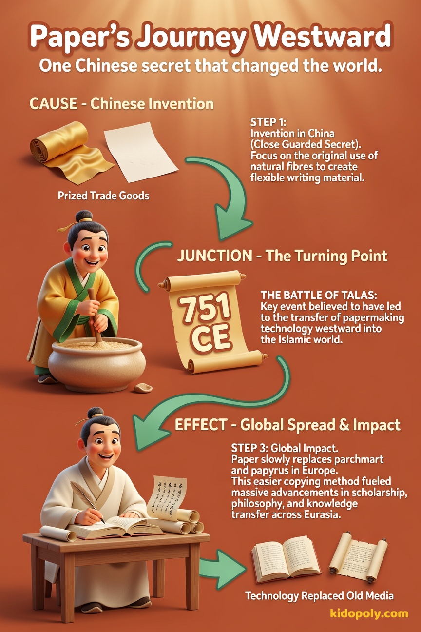 A chain reaction diagram showing: 'Chinese Paper Secret' -> (arrow) -> 'Battle of Talas 751 CE' -> (arrow) -> 'Islamic World Scholars' -> (arrow) -> 'European Books'.