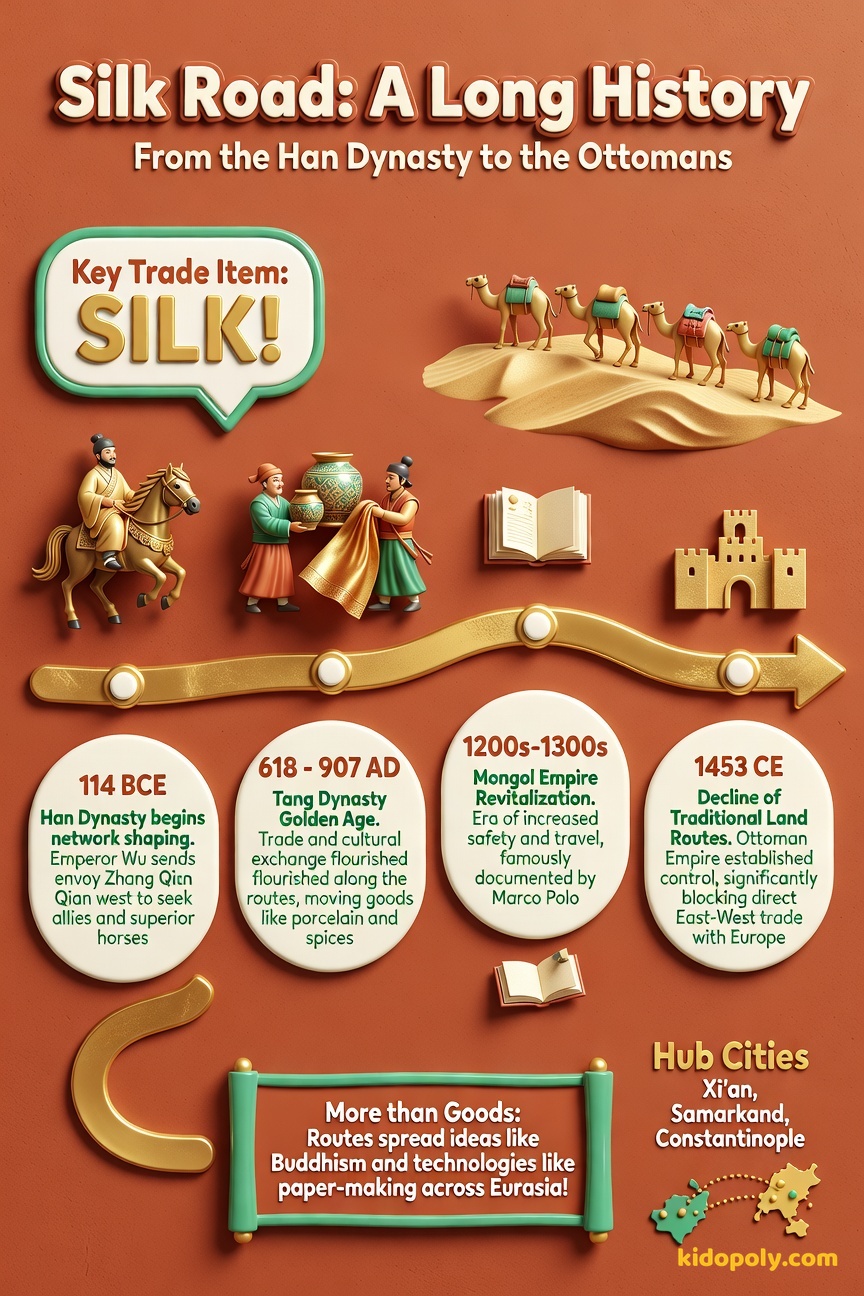 A horizontal timeline showing four key dates: 114 BCE (Han Dynasty begins), 618-907 AD (Tang Golden Age), 1200s-1300s (Mongol Revival), and 1453 CE (Decline).