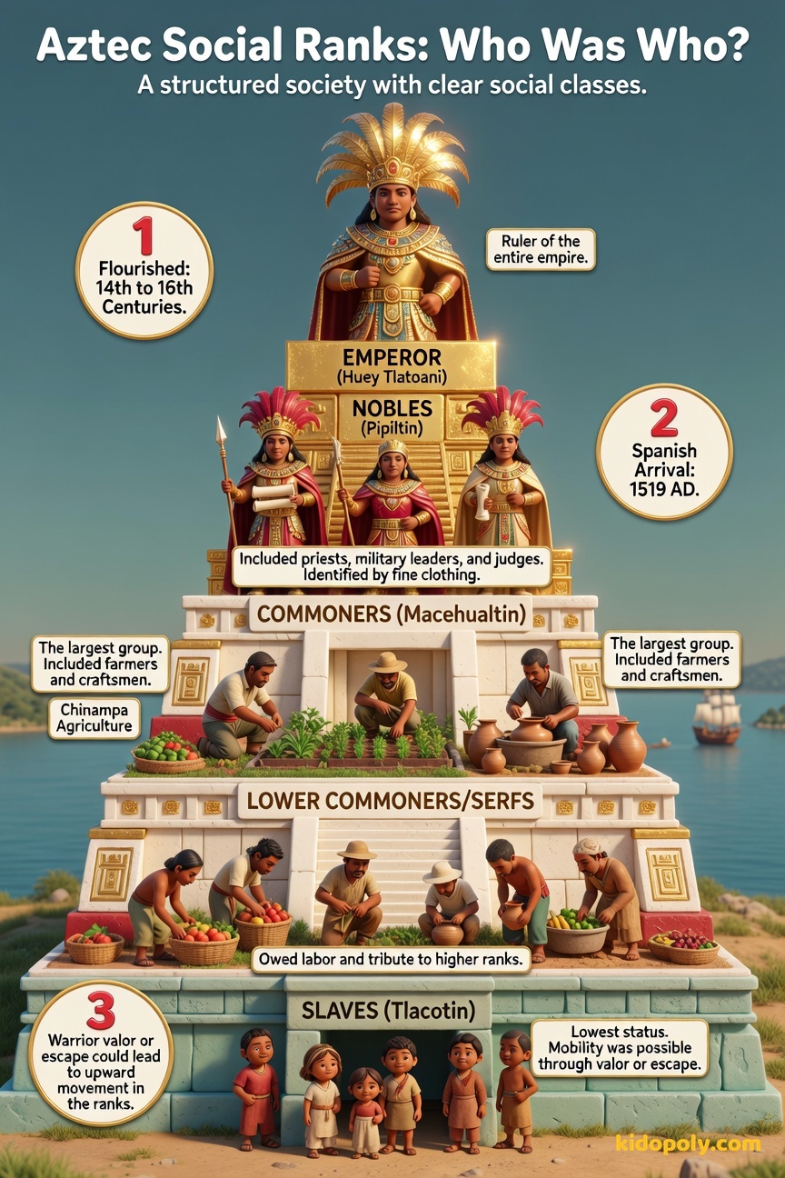 A visual comparison showing a clear 5-level social pyramid for the Aztec Empire, with the Emperor at the top and slaves at the bottom.