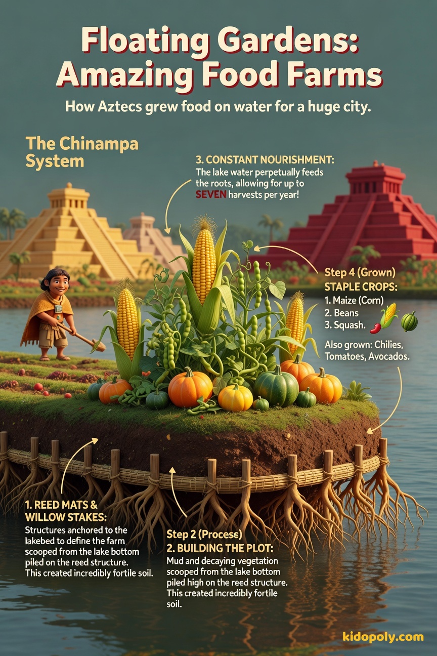 A colorful illustration of Aztec chinampas, showing raised rectangular garden plots floating on water, with one farmer tending to corn and squash plants.