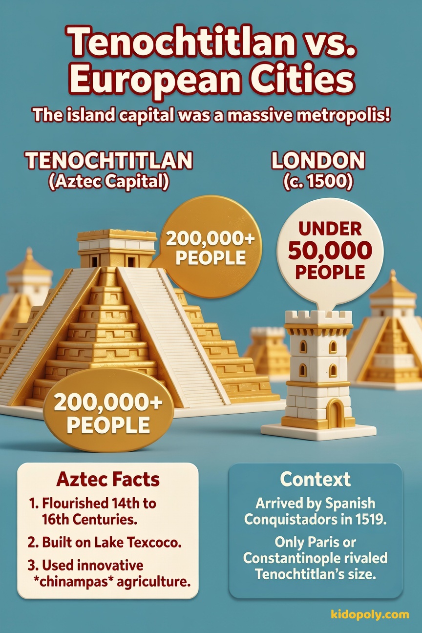 A comparison graphic showing a stylized Aztec pyramid next to a simple stylized London cathedral, with a number bubble indicating Tenochtitlan's population is much higher than London's.