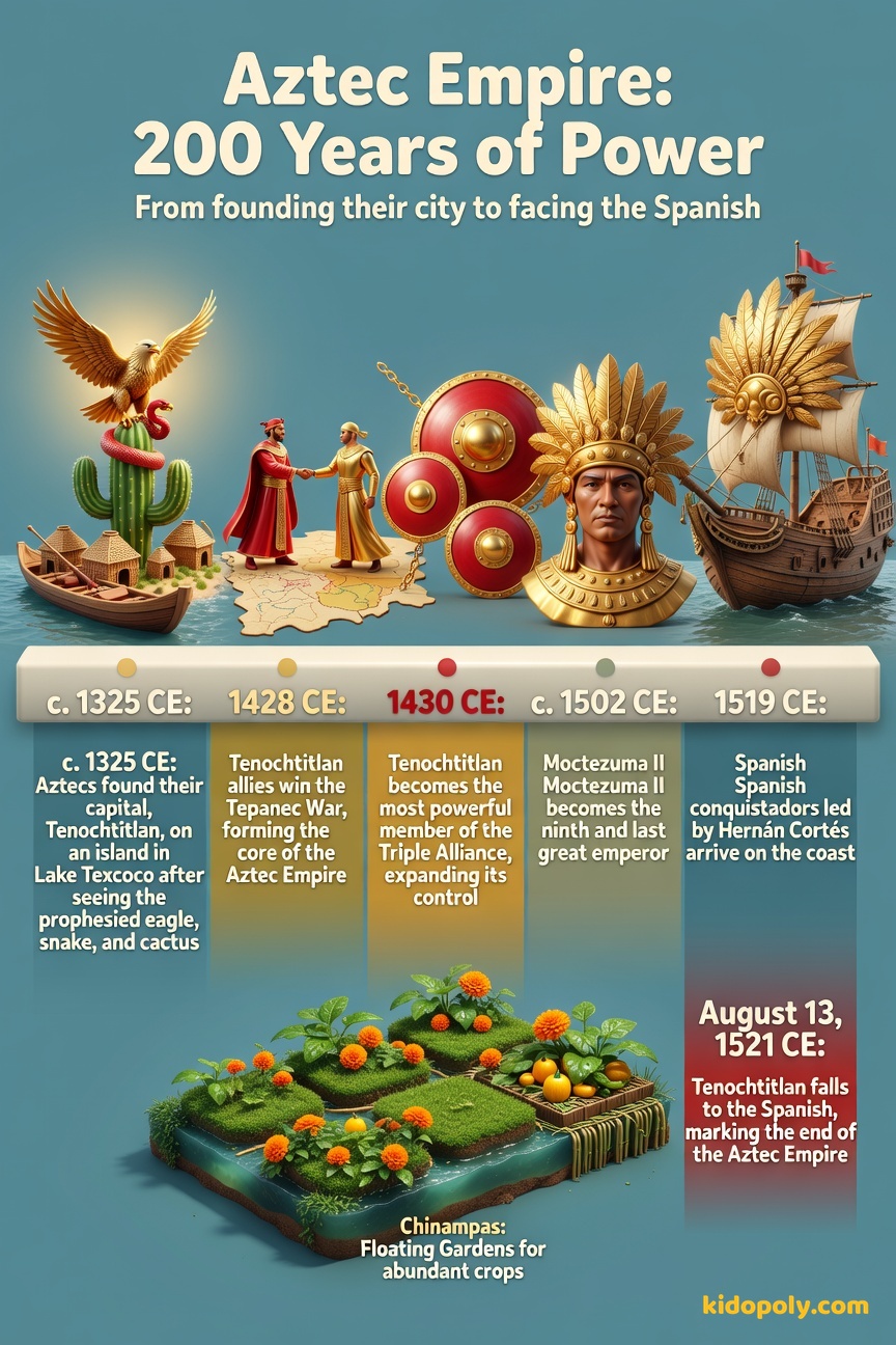 A historical timeline showing five key dates from the founding of Tenochtitlan to the fall of the Aztec Empire in 1521.