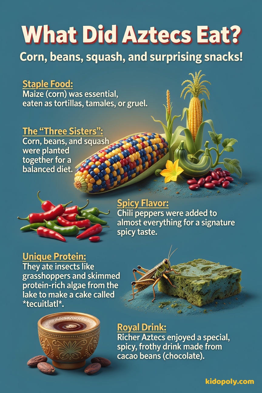 An illustration of Aztec staple foods: corn cobs, beans, squash, and a small cup of frothy chocolate drink.