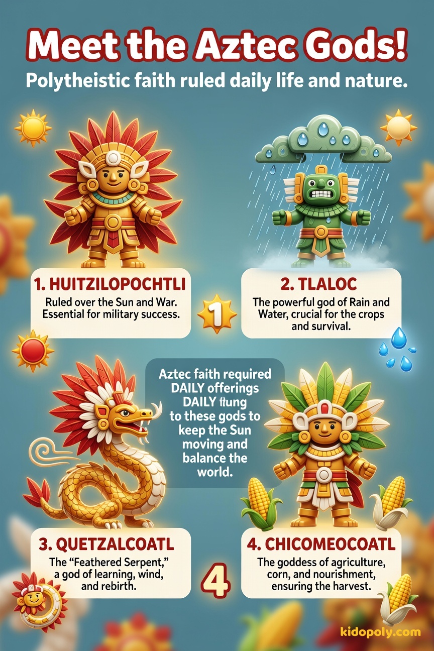 Four colorful icons representing major Aztec gods: a sun/warrior, a rain cloud, a feathered serpent, and an ear of corn.