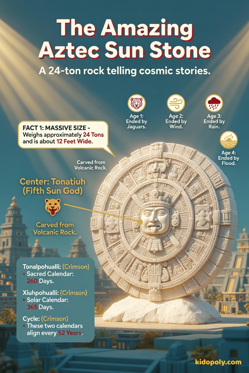 A simplified, colorful illustration of the Aztec Calendar Stone, focusing on the central face (Tonatiuh) and surrounding rings.