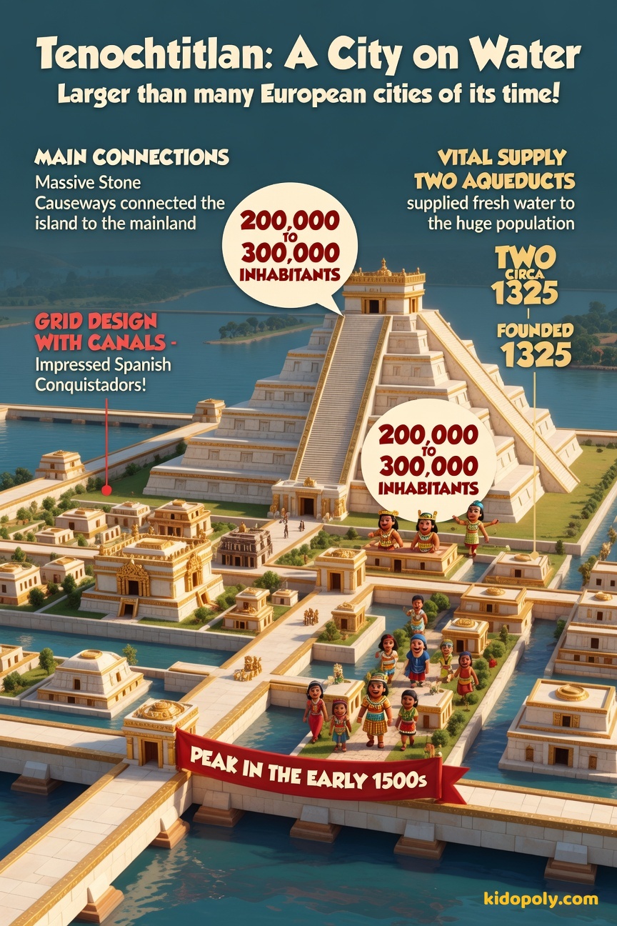 A bird's-eye view illustration of the Aztec capital Tenochtitlan, showing canals, stepped pyramids, and causeways connecting to the surrounding land.