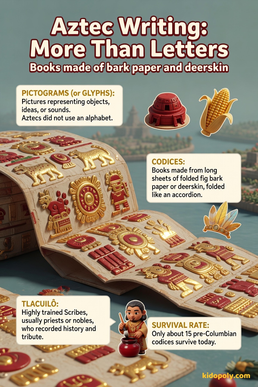 An illustration showing a page from an Aztec codex, displaying colorful pictograms folded like an accordion.