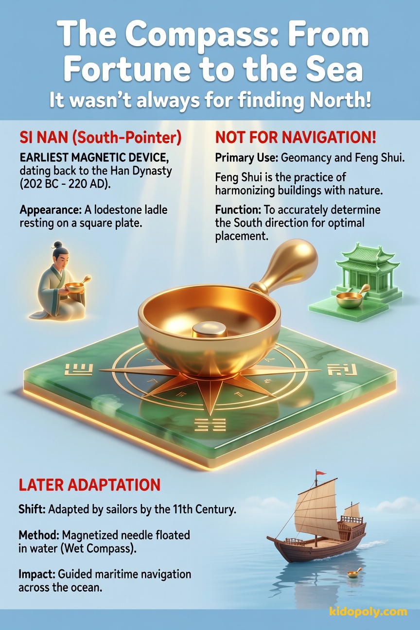 A detailed illustration of the ancient 'Si Nan' compass, a ladle-shaped lodestone piece resting on a square board decorated with mystical symbols, with the ladle's handle pointing South.