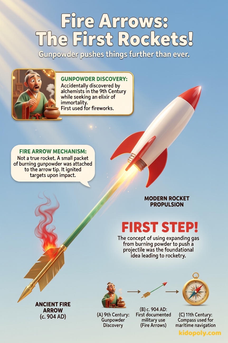A simplified visual scale comparison: A small, feathered arrow with a burning packet tied to its tip (labeled 'Fire Arrow, c. 904 AD') is shown next to a modern, stylized toy rocket launching upwards.