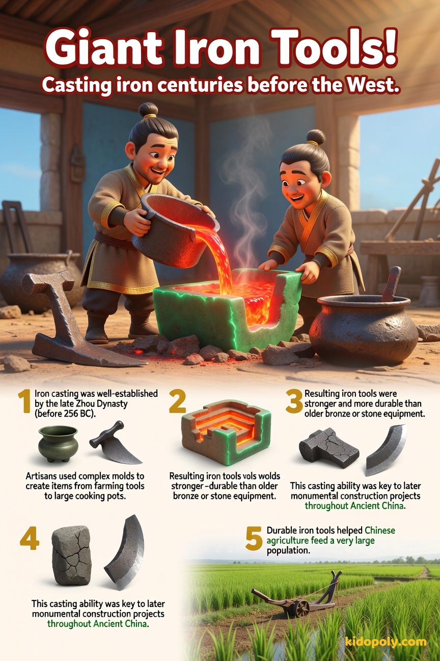 An illustration of a scene showing ancient Chinese artisans carefully pouring bright orange, molten iron from a ladle into large, intricate molds set in the ground. Some finished iron farm tools lie nearby.