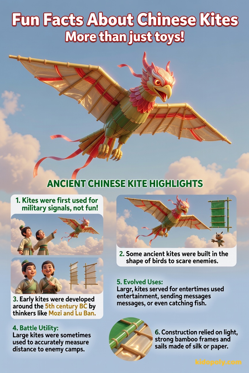 A vibrant illustration showing a large, bird-shaped ancient Chinese kite flying high above a green, misty landscape with small, friendly figures below signalling to each other.