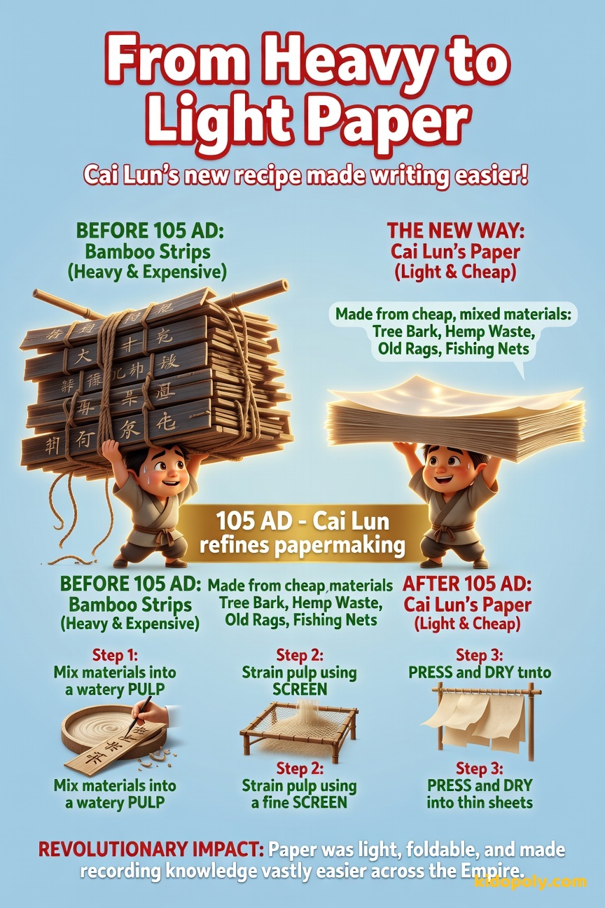 A comparison showing a stack of heavy, clunky bamboo strips next to a small, light stack of newly made Chinese paper, showing a massive difference in weight and volume.