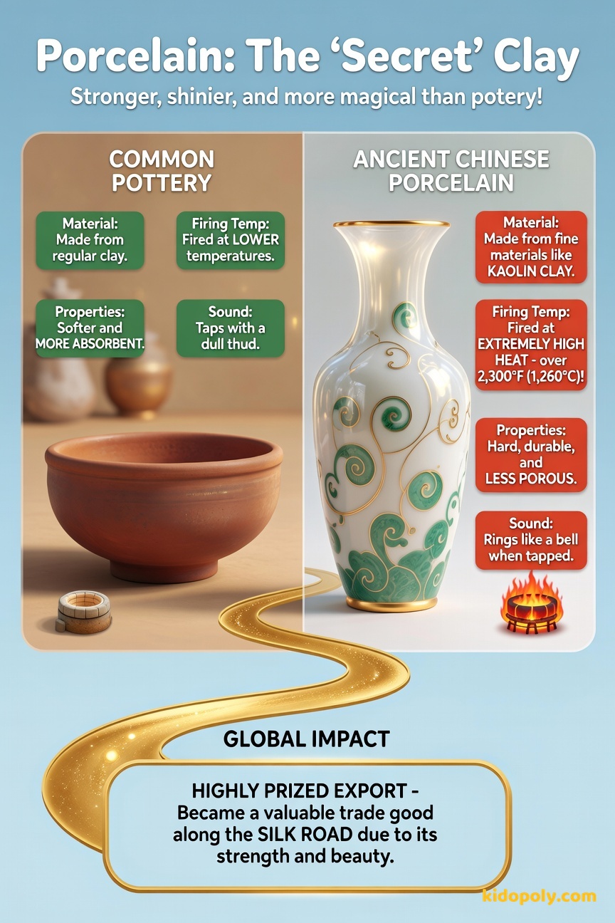 A comparison showing a dull, thick, brown earthenware pot next to a fine, white, slightly translucent porcelain vase with intricate designs painted in jade green.
