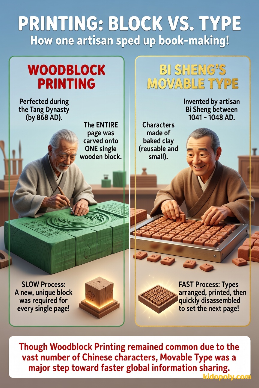 A comparison showing a large, solid wooden block carved with an entire page of text next to a small tray filled with individual, tiny ceramic characters arranged to form a line of text.