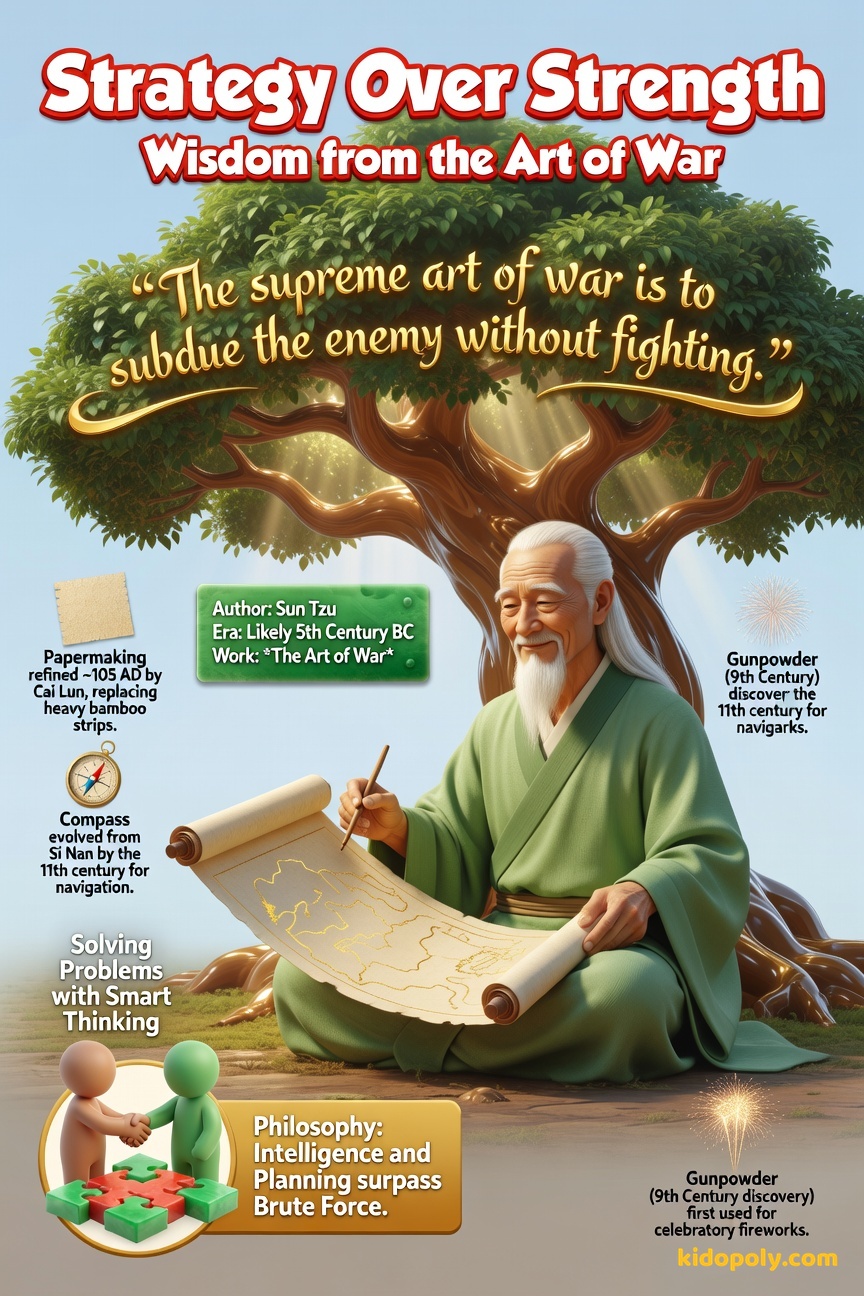 A dignified, ancient Chinese scholar figure, perhaps sitting near a simple stone table, looking thoughtfully at a scroll, with the quote overlaid in elegant gold lettering.