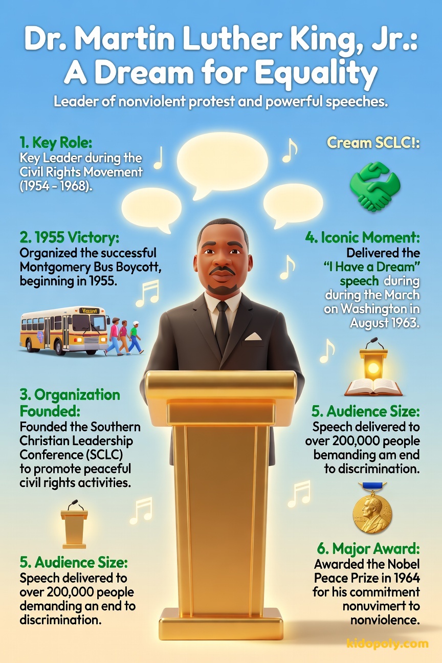 A gentle illustration of Dr. Martin Luther King Jr. standing confidently at a large podium, with gentle light emanating from him, addressing an unseen crowd.