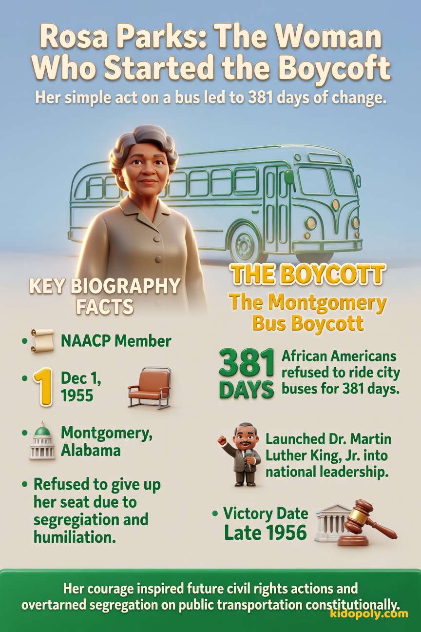 Portrait of a determined but calm Rosa Parks sitting thoughtfully on a seat, with a stylized icon of a bus in the background.