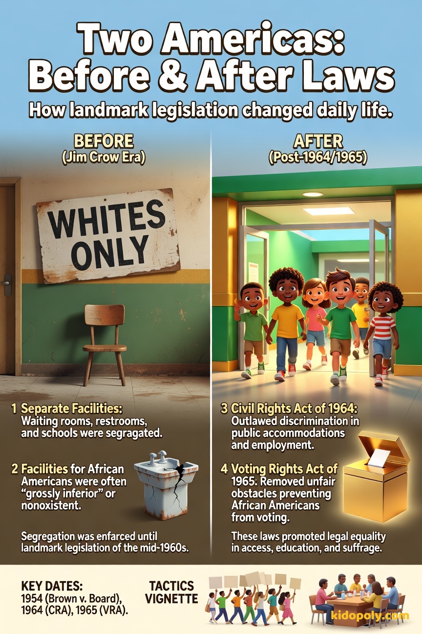 A split image. Left side ('Before') shows a sign for a 'Colored Waiting Room' next to an empty, rundown water fountain. Right side ('After') shows diverse children walking happily into a bright, integrated school building.