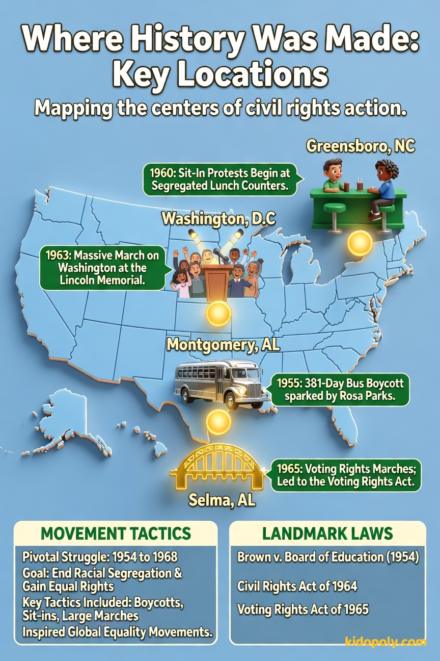 A simple, colorful map of the United States with four key locations highlighted and labeled: Montgomery, Greensboro, Washington D.C., and Selma.