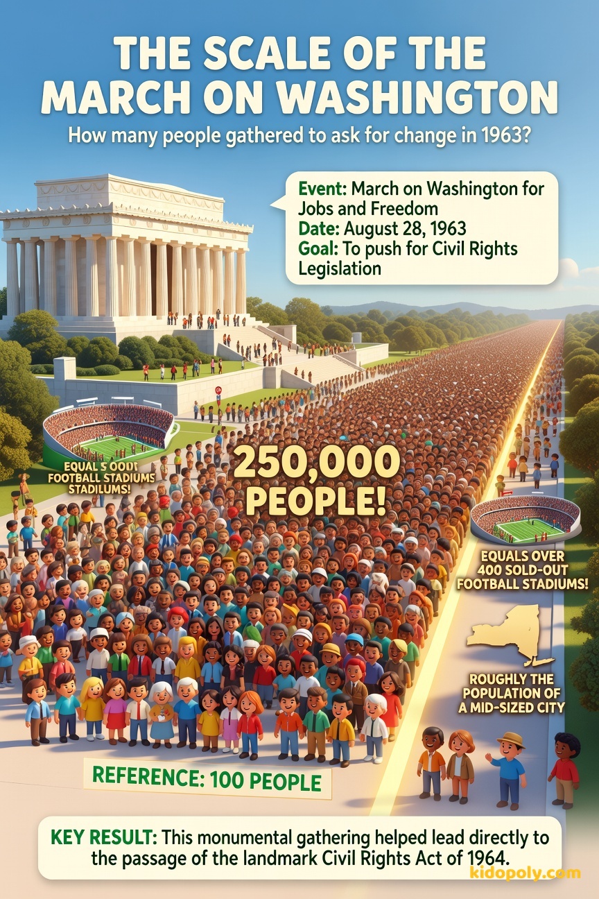 A visual scale comparison showing a tiny stick figure representing a typical crowd next to a massive, dense but orderly crowd of thousands of tiny figures stretching toward the Lincoln Memorial.