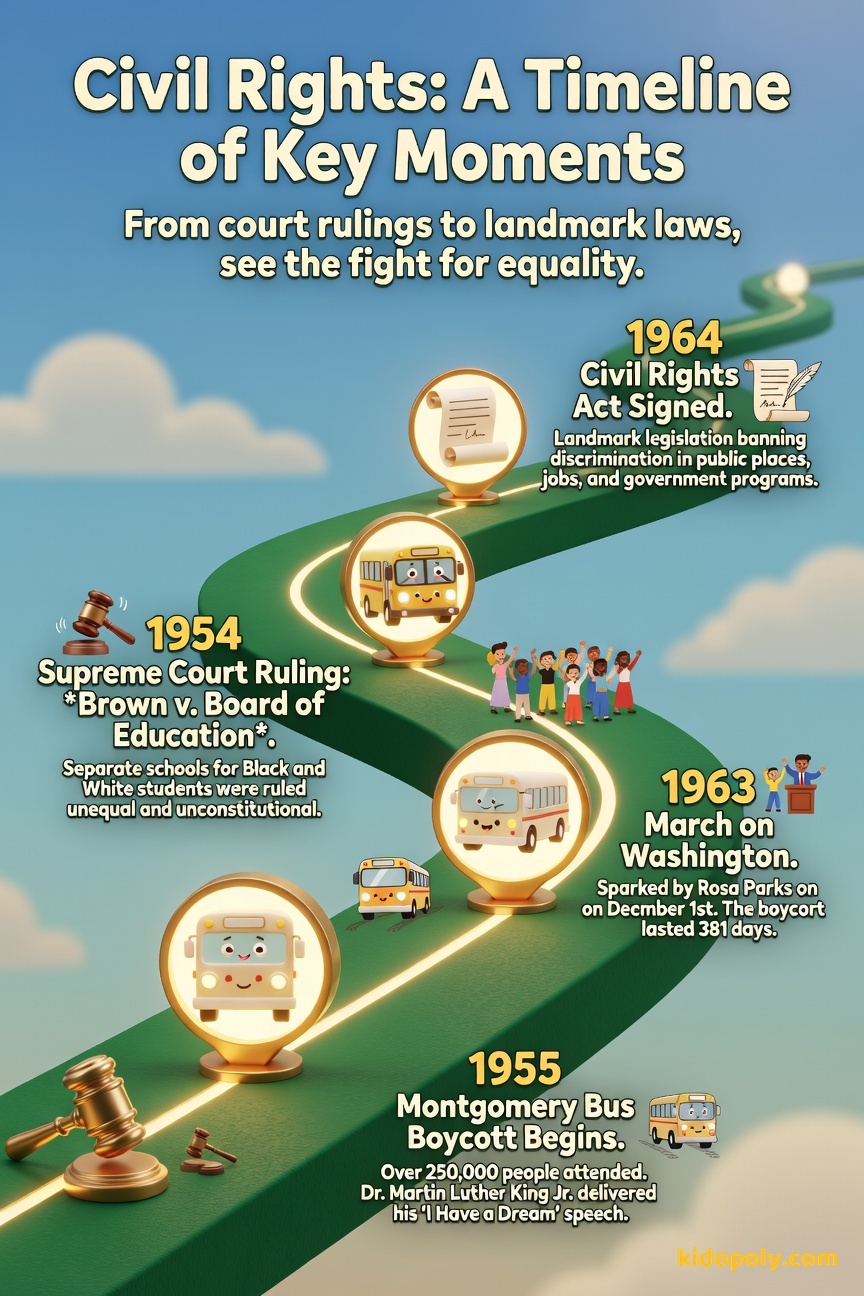 A timeline graphic showing four key events: the 1954 Brown v. Board decision, the 1955 Montgomery Bus Boycott, the 1963 March on Washington, and the 1964 Civil Rights Act signing.