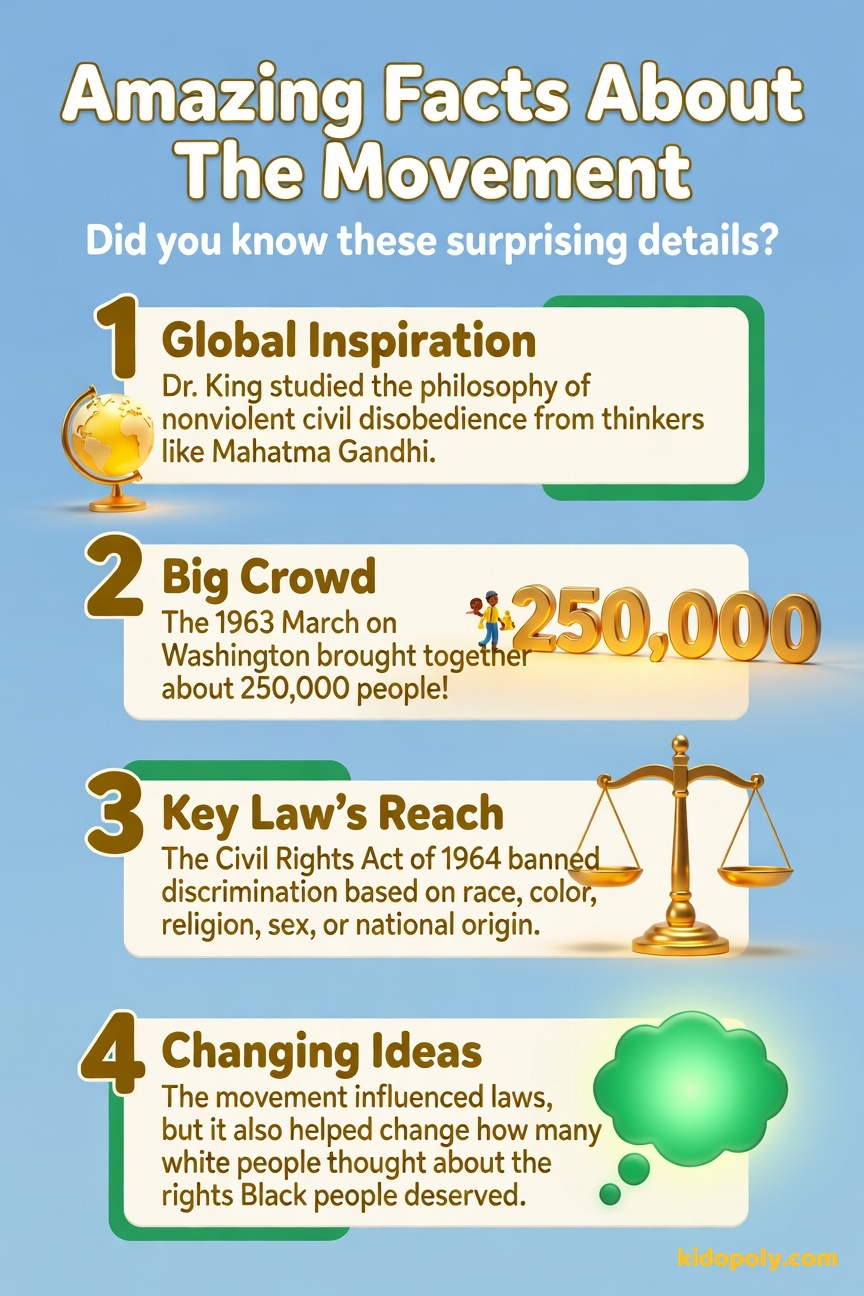 A numbered list format showcasing four surprising facts about the Civil Rights Movement, using icons for each fact.