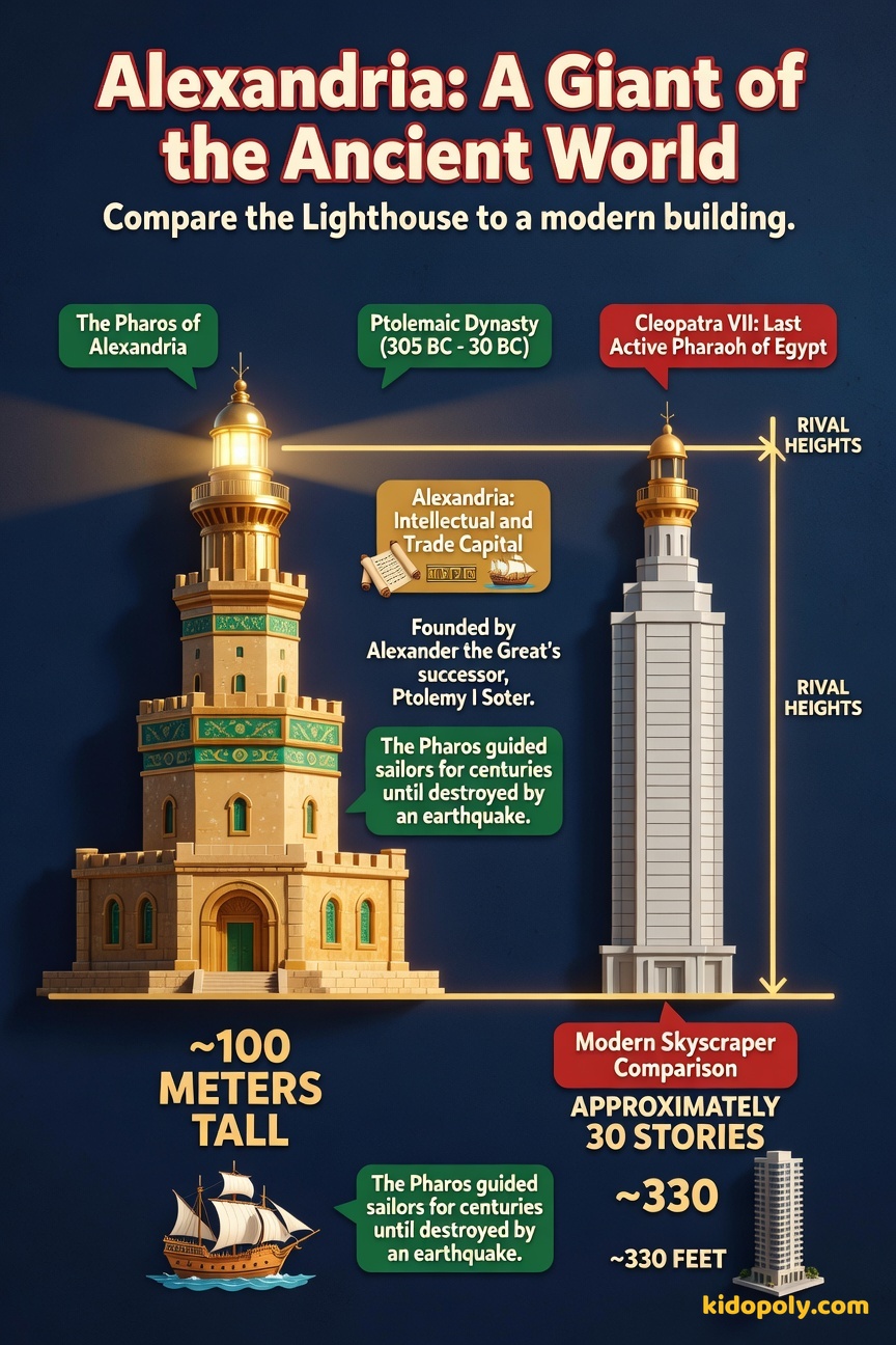 A scale comparison showing the massive Lighthouse of Alexandria standing next to a simple, modern 30-story rectangular building, illustrating that the lighthouse was roughly the same height.