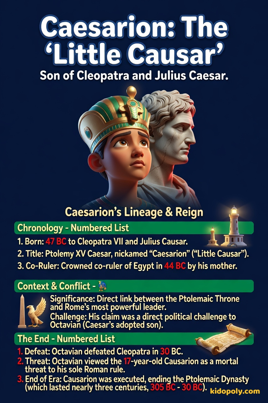 A visual blending the profile of a young boy (Caesarion) wearing a traditional Egyptian Pharaoh's crown, with a faint, ghostly profile of Julius Caesar looking on protectively.