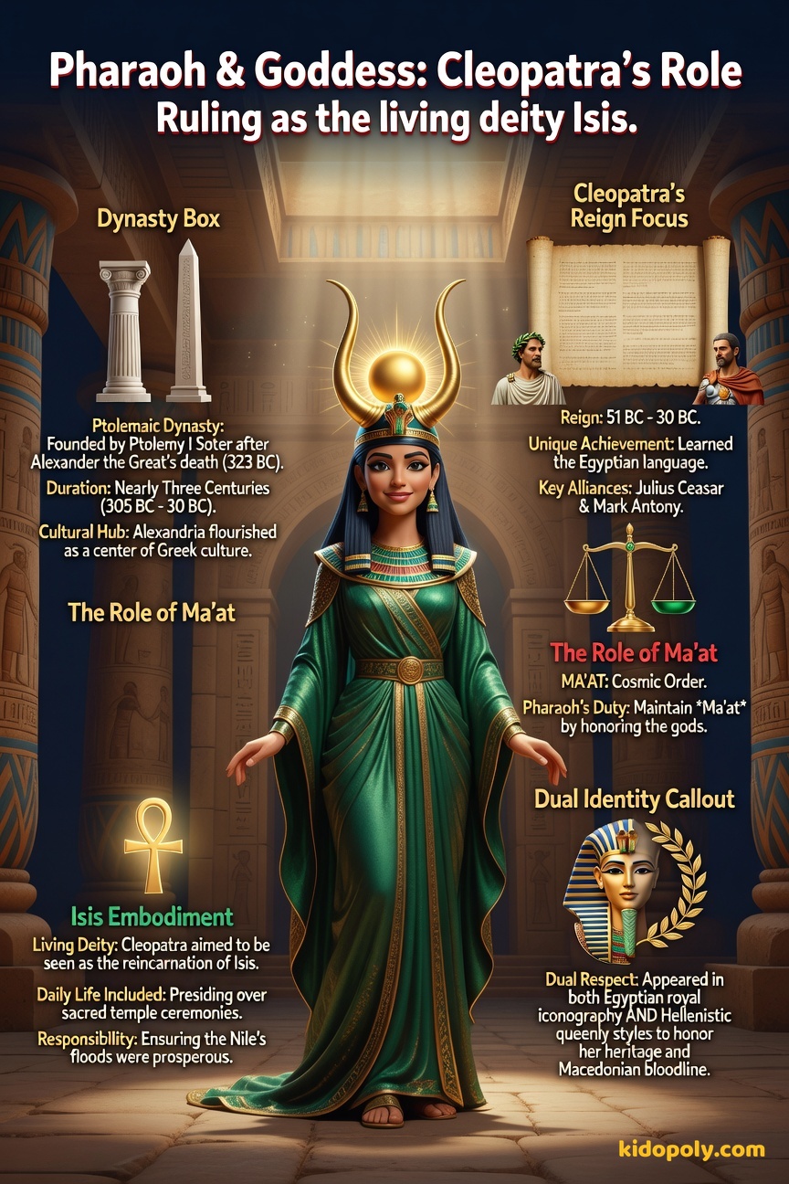 Cleopatra, dressed in the ceremonial dress of the goddess Isis (perhaps with a solar disk headdress), performing a sacred ritual with a High Priest in a richly decorated Egyptian temple setting.