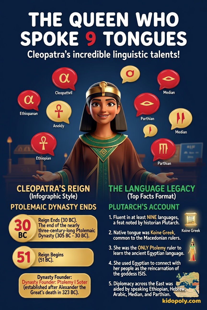 A graphic showcasing nine small icons representing different languages (e.g., Egyptian hieroglyphs, Greek lettering) arranged around a central portrait of Cleopatra.