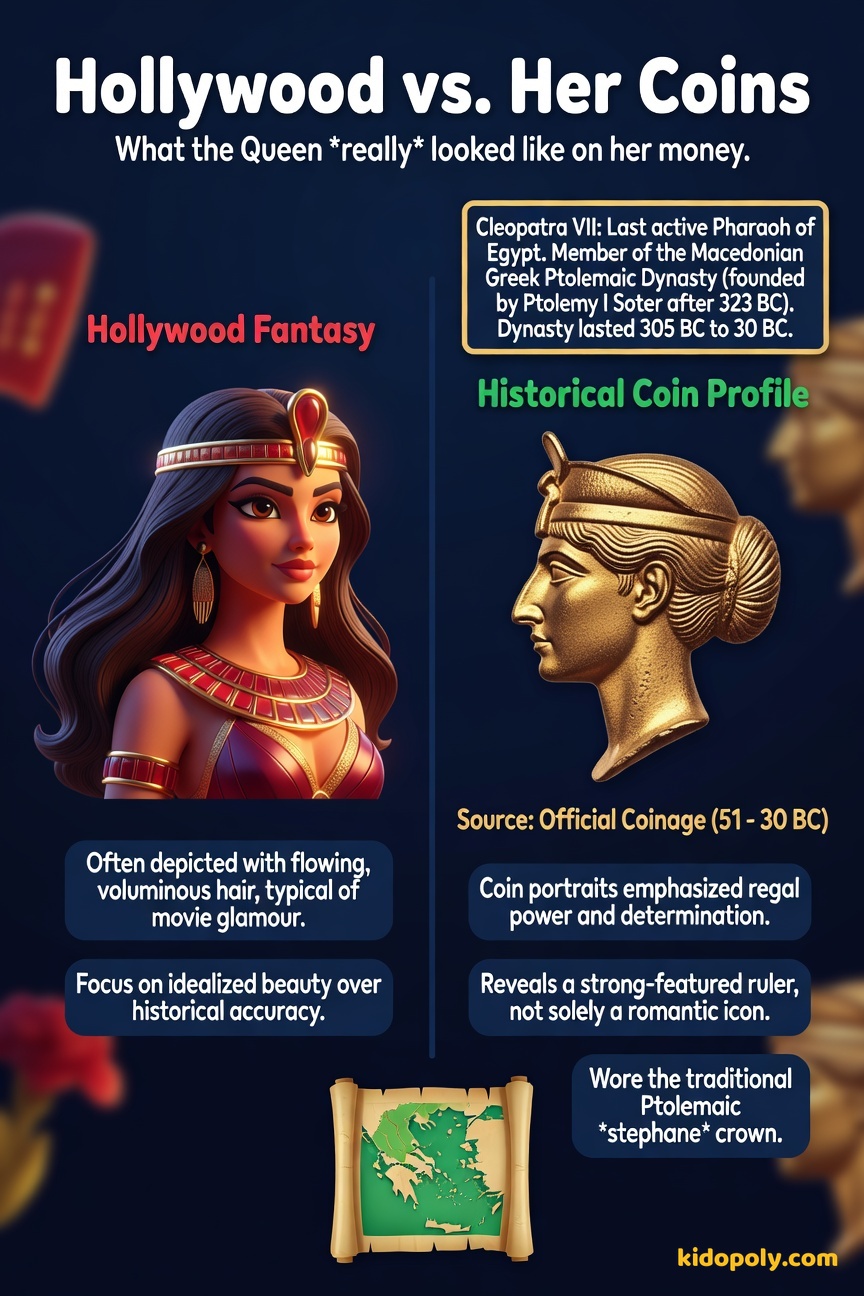 Side-by-side comparison of a glamorous, dark-haired Hollywood depiction of Cleopatra on the left and a bronze coin profile of Cleopatra (with a prominent nose and chin) on the right.