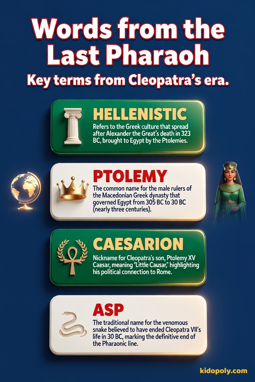 Four vocabulary cards, each with a key term in large gold font and a short definition below, laid out neatly on the navy background.