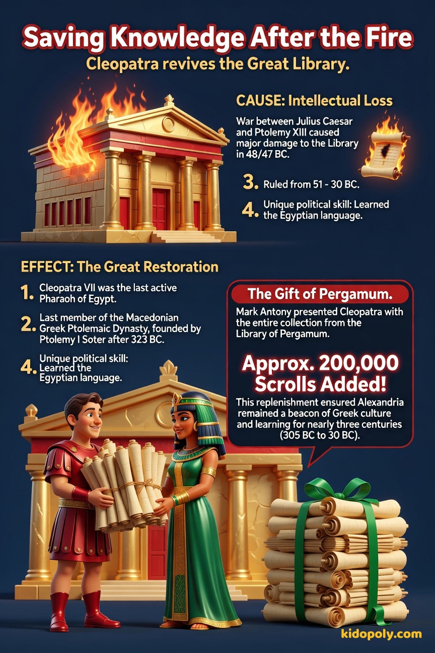 A two-part diagram. Part 1 shows flames near a scroll tower. Part 2 shows Cleopatra accepting a massive stack of scrolls from Mark Antony in front of a newly restored, grand building labeled 'Library of Alexandria'.