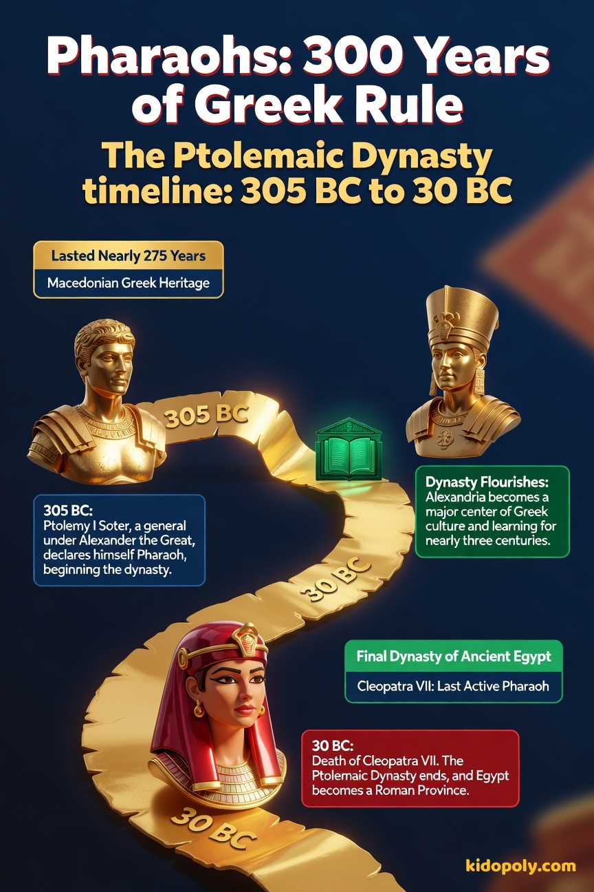 A horizontal timeline showing key dates from the Ptolemaic period: 305 BC (Ptolemy I founds dynasty), Mid-3rd Century BC (Library of Alexandria flourishes), 51 BC (Cleopatra VII begins reign), and 30 BC (End of dynasty).