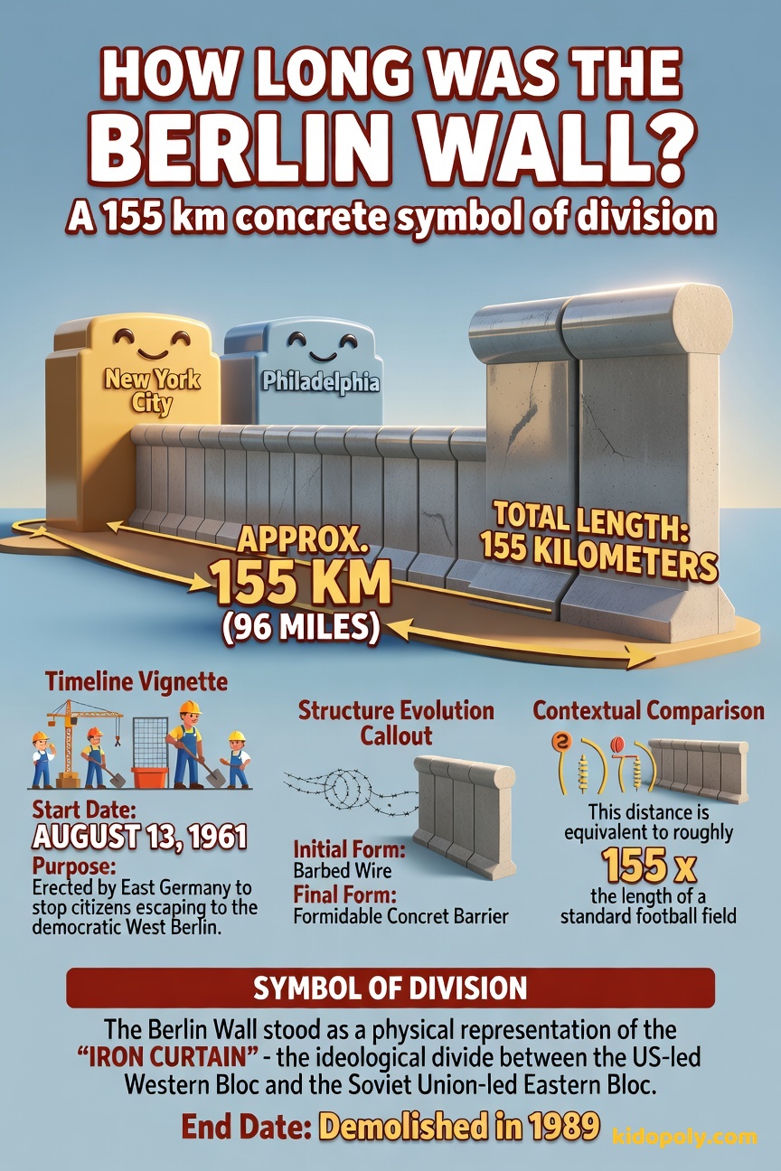 Visual comparison showing the 155 km length of the Berlin Wall next to a line representing the distance between two familiar modern cities like NYC and Philadelphia.