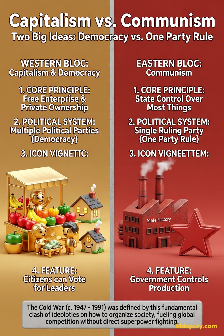 A comparison table or visual split showing key features of Capitalism/Democracy (USA side) versus Communism (USSR side).
